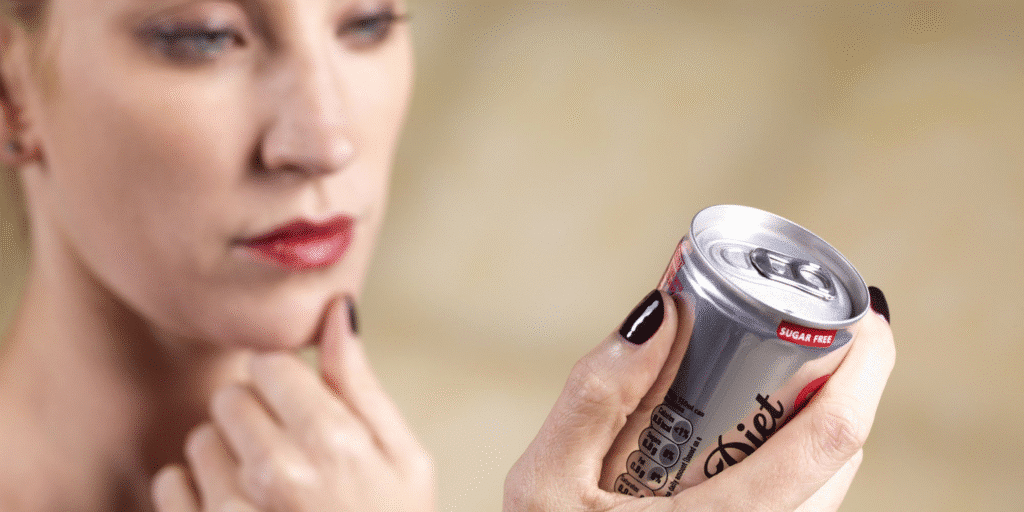 A person looking at the can of diet soda